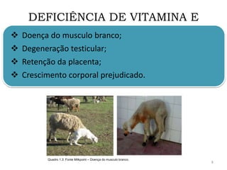 DEFICIÊNCIA DE VITAMINA E
 Doença do musculo branco;
 Degeneração testicular;
 Retenção da placenta;
 Crescimento corporal prejudicado.
Quadro 1.3: Fonte Milkpoint – Doença do musculo branco.
8
 