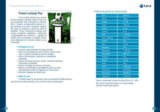 Programa de Nutrição para Bovinos


                                                                                           »»Níveis de garantia por kg de produto
                Probovi	Lactação	Plus
                                                                                                    B.H.T                      500 mg
                  É um produto indicado para animais
                                                                                                    Cálcio                     180 g
      de alta produção e genética leiteira. Possui em
      sua composição níveis otimizados de vitaminas                                                 Cobalto                    51 mg
      ADE e minerais, principalmente vitamina E, a                                                  Cobre                      700 mg
      qual promove uma maior resistência orgânica
      das vacas em produção e melhora os níveis de                                                  Cromo                      6 mg
      fertilidade. Possui tamponante antiácido para                                                 Enxofre                    24 g
      prevenir problemas metabólicos, melhorando
      a digestibilidade dos alimentos, a ingestão de                                                Ferro                      1.030 mg
      matéria seca e aumentando a produção. Possui                                                  Flúor (máximo)             550 mg
      níveis adequados de monensina sódica em sua
                                                                                                    Fósforo                    50 g
      composição.
                                                                                                    Iodo                       40 mg
             »»Vantagens de uso                                                                     Magnésio                   35 g
              • Aumenta a disponibilidade de energia da dieta;                                      Manganês                   1.280 mg
              • Supre as necessidades de cálcio, fósforo, enxofre, sódio,
                cloro e magnésio da dieta de vacas em lactação;                                     Monensina                  600 mg
              • Possui microminerais e vitaminas em quantidades                                     Potássio                   24 g
                adequadas;
              • Diminui problemas de casco, mastite, retenção de placenta,                          Selênio                    18 mg
                melhorando a fertilidade;                                                           Sódio                      80 g
              • Facilita a transição do pré para o pós-parto;
                                                                                                    Zinco                      2.600 mg
              • Adequa a produtividade a quantidade de gordura do leite,
                pela presença de óxido de magnésio em níveis ótimos;                                Vitamina A                 300.000 UI
              • Aumenta a ingestão de matéria seca.                                                 Vitamina D                 60.000 UI
             »»Modo de usar                                                                         Vitamina E                 1.500 mg
                  O Produto dever ser adicionado à ração na proporção de 300g/vaca/dia a
                                                                                             Fósforo: solubilidade mínima em Ácido Cítrico 2% = 90%
      cada 20 litros de leite produzidos. Ou a critério do técnico responsável.
                                                                                             Obs: Possui monensina sódica em sua formulação,
                                                                                             portanto é tóxico para eqüinos.




10                                                                                                                                                    11
 
