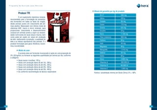 Programa de Nutrição para Bovinos


                                                                                         »»Níveis de garantia por kg de produto
                Probovi	TR
                                                                                                  B.H.T                      500 mg
                  É um suplemento vitamínico mineral,
                                                                                                  Cálcio                     220 g
      recomendado para a formulação de concentra-
      dos fornecidos em todas as fases de criação,                                                Cobalto                    56 mg
      desde animais jovens em crescimento até ani-                                                Cobre                      775 mg
      mais adultos. Balanceado com ótimos níveis de
      vitaminas ADE, macro e micro minerais, para                                                 Cromo                      6,6 mg
      proporcionar crescimento e desenvolvimento                                                  Enxofre                    24 g
      corporal em animais jovens e suprir as necessi-
      dades nutricionais de vacas secas e touros, bem                                             Ferro                      1.130 mg
      como pode ser usado em vacas em produção                                                    Flúor (máximo)             650 mg
      de leite, melhorando a produção, a qualidade do
                                                                                                  Fósforo                    65 g
      leite e os índices reprodutivos dos animais. É o
      produto formulado para gerar eficiência, econo-                                             Iodo                       44 mg
      mia e lucratividade.                                                                        Magnésio                   40 g

              »»Modo de usar                                                                      Manganês                   1.410 mg
                 O produto deve ser fornecido incorporado à ração em uma proporção de             Selênio                    20 mg
      3% (30 kg/ton) ou fornecer as seguintes quantidades por animal por dia, conforme            Sódio                      60 g
      a categoria:
                                                                                                  Zinco                      2.800 mg
               • Vacas secas e novilhas: 120 g
               • Vacas com produção diária de até 15L: 200 g                                      Vitamina A                 300.000 UI
               • Vacas com produção diária de até 20L: 250 g                                      Vitamina D                 60.000 UI
               • Vacas com produção diária de até 25L: 350 g
               • Vacas com produção diária de até 35L: 400 g                                      Vitamina E                 1.500 mg
               • Ou conforme recomendação do técnico responsável.
                                                                                           Fósforo: solubilidade mínima em Ácido Cítrico 2% = 90%




14                                                                                                                                                  15
 