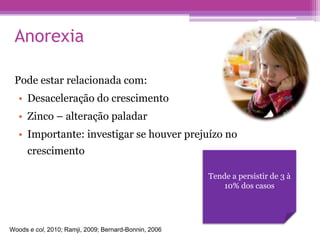 Anorexia
Pode estar relacionada com:
• Desaceleração do crescimento
• Zinco – alteração paladar
• Importante: investigar se houver prejuízo no
crescimento
Tende a persistir de 3 à
10% dos casos
Woods e col, 2010; Ramji, 2009; Bernard-Bonnin, 2006
 