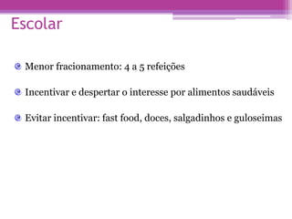 Escolar
Menor fracionamento: 4 a 5 refeições
Incentivar e despertar o interesse por alimentos saudáveis
Evitar incentivar: fast food, doces, salgadinhos e guloseimas
 