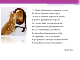 “... Eu não caibo mais nas roupas que eu cabia
Eu não encho mais a casa de alegria
Os anos se passaram enquanto eu dormia
E quem eu queria bem me esquecia
Será que eu falei o que ninguém ouvia?
Será que eu escutei o que ninguém dizia?
Eu não vou me adaptar, me adaptar
Eu não tenho mais a cara que eu tinha
No espelho essa cara já não é minha
É que quando eu me toquei achei tão estranho
A minha barba estava deste tamanho...”
Nando Reis
 