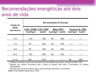 Recomendações energéticas até dois
anos de vida
 