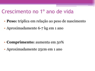Crescimento no 1º ano de vida
• Peso: triplica em relação ao peso de nascimento
• Aproximadamente 6-7 kg em 1 ano
• Comprimento: aumenta em 50%
• Aproximadamente 25cm em 1 ano
 