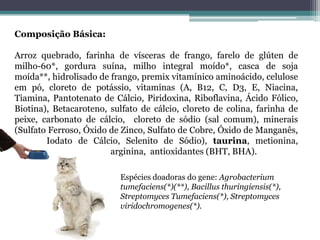 Composição Básica:
Arroz quebrado, farinha de vísceras de frango, farelo de glúten de
milho-60*, gordura suína, milho integral moído*, casca de soja
moída**, hidrolisado de frango, premix vitamínico aminoácido, celulose
em pó, cloreto de potássio, vitaminas (A, B12, C, D3, E, Niacina,
Tiamina, Pantotenato de Cálcio, Piridoxina, Riboflavina, Ácido Fólico,
Biotina), Betacaroteno, sulfato de cálcio, cloreto de colina, farinha de
peixe, carbonato de cálcio, cloreto de sódio (sal comum), minerais
(Sulfato Ferroso, Óxido de Zinco, Sulfato de Cobre, Óxido de Manganês,
Iodato de Cálcio, Selenito de Sódio), taurina, metionina,
arginina, antioxidantes (BHT, BHA).
Espécies doadoras do gene: Agrobacterium
tumefaciens(*)(**), Bacillus thuringiensis(*),
Streptomyces Tumefaciens(*), Streptomyces
viridochromogenes(*).
 