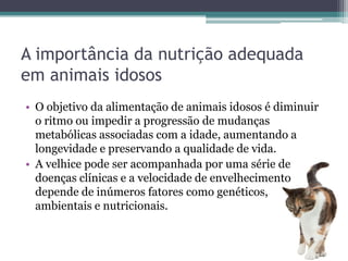 A importância da nutrição adequada
em animais idosos
• O objetivo da alimentação de animais idosos é diminuir
o ritmo ou impedir a progressão de mudanças
metabólicas associadas com a idade, aumentando a
longevidade e preservando a qualidade de vida.
• A velhice pode ser acompanhada por uma série de
doenças clínicas e a velocidade de envelhecimento
depende de inúmeros fatores como genéticos,
ambientais e nutricionais.
 