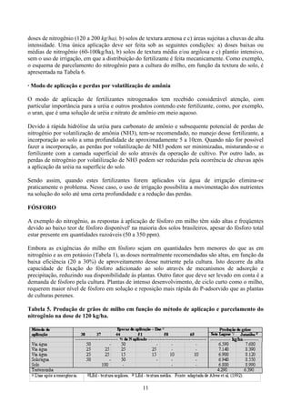 11
doses de nitrogênio (120 a 200 kg/ha), b) solos de textura arenosa e c) áreas sujeitas a chuvas de alta
intensidade. Uma única aplicação deve ser feita sob as seguintes condições: a) doses baixas ou
médias de nitrogênio (60-100kg/ha), b) solos de textura média e/ou argilosa e c) plantio intensivo,
sem o uso de irrigação, em que a distribuição do fertilizante é feita mecanicamente. Como exemplo,
o esquema de parcelamento do nitrogênio para a cultura do milho, em função da textura do solo, é
apresentada na Tabela 6.
· Modo de aplicação e perdas por volatilização de amônia
O modo de aplicação de fertilizantes nitrogenados tem recebido considerável atenção, com
particular importância para a uréia e outros produtos contendo este fertilizante, como, por exemplo,
o uran, que é uma solução de uréia e nitrato de amônio em meio aquoso.
Devido à rápida hidrólise da uréia para carbonato de amônio e subsequente potencial de perdas de
nitrogênio por volatilização de amônia (NH3), tem-se recomendado, no manejo desse fertilizante, a
incorporação ao solo a uma profundidade de aproximadamente 5 a 10cm. Quando não for possível
fazer a incorporação, as perdas por volatilização de NH3 podem ser minimizadas, misturando-se o
fertilizante com a camada superficial do solo através da operação de cultivo. Por outro lado, as
perdas de nitrogênio por volatilização de NH3 podem ser reduzidas pela ocorrência de chuvas após
a aplicação da uréia na superfície do solo.
Sendo assim, quando estes fertilizantes forem aplicados via água de irrigação elimina-se
praticamente o problema. Nesse caso, o uso de irrigação possibilita a movimentação dos nutrientes
na solução do solo até uma certa profundidade e a redução das perdas.
FÓSFORO
A exemplo do nitrogênio, as respostas à aplicação de fósforo em milho têm sido altas e freqüentes
devido ao baixo teor de fósforo disponível' na maioria dos solos brasileiros, apesar do fósforo total
estar presente em quantidades razoáveis (50 a 350 ppm).
Embora as exigências do milho em fósforo sejam em quantidades bem menores do que as em
nitrogênio e as em potássio (Tabela 1), as doses normalmente recomendadas são altas, em função da
baixa eficiência (20 a 30%) de aproveitamento desse nutriente pela cultura. Isto decorre da alta
capacidade de fixação do fósforo adicionado ao solo através de mecanismos de adsorção e
precipitação, reduzindo sua disponibilidade às plantas. Outro fator que deve ser levado em conta é a
demanda de fósforo pela cultura. Plantas de intenso desenvolvimento, de ciclo curto como o milho,
requerem maior nível de fósforo em solução e reposição mais rápida do P-adsorvido que as plantas
de culturas perenes.
Tabela 5. Produção de grãos de milho em função do método de aplicação e parcelamento do
nitrogênio na dose de 120 kg/ha.
 