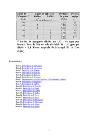 17
Links das Fotos
· Foto 1. Deficiência de nitrogênio
· Foto 2. Deficiência de nitrogênio
· Foto 3. Deficiência de Fósforo
· Foto 4. Deficiência de Fósforo
· Foto 5. Deficiência de Potássio
· Foto 6. Deficiência de Potássio
· Foto 7. Tombamento do milho devido à Deficiência de Potássio
· Foto 8. Deficiência de magnésio
· Foto 9. Deficiência de Cálcio
· Foto 10. Deficiência de Enxofre
· Foto 11. Deficiência de Boro
· Foto 12. Deficiência de Cobre
· Foto 13. Deficiência de Cobre
· Foto 14. Deficiência de Ferro
· Foto 15. Deficiência de Ferro
· Foto 16. Deficiência de Manganês
· Foto 17. Deficiência de Manganês
· Foto 18. Deficiência de Zinco
· Foto 19. Deficiência de Zinco
 