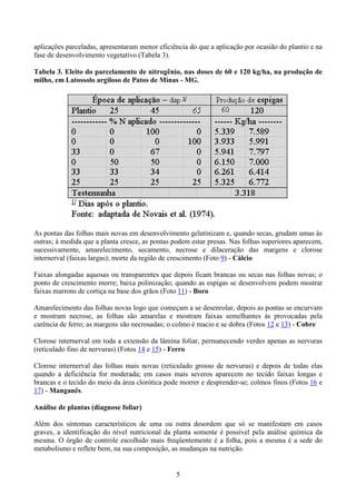 5
aplicações parceladas, apresentaram menor eficiência do que a aplicação por ocasião do plantio e na
fase de desenvolvimento vegetativo (Tabela 3).
Tabela 3. Eleito do parcelamento de nitrogênio, nas doses de 60 e 120 kg/ha, na produção de
milho, em Latossolo argiloso de Patos de Minas - MG.
As pontas das folhas mais novas em desenvolvimento gelatinizam e, quando secas, grudam umas às
outras; à medida que a planta cresce, as pontas podem estar presas. Nas folhas superiores aparecem,
sucessivamente, amarelecimento, secamento, necrose e dilaceração das margens e clorose
internerval (faixas largas); morte da região de crescimento (Foto 9) - Cálcio
Faixas alongadas aquosas ou transparentes que depois ficam brancas ou secas nas folhas novas; o
ponto de crescimento morre; baixa polinização; quando as espigas se desenvolvem podem mostrar
faixas marrons de cortiça na base dos grãos (Foto 11) - Boro
Amarelecimento das folhas novas logo que começam a se desenrolar, depois as pontas se encurvam
e mostram necrose, as folhas são amarelas e mostram faixas semelhantes às provocadas pela
carência de ferro; as margens são necrosadas; o colmo é macio e se dobra (Fotos 12 e 13) - Cobre
Clorose internerval em toda a extensão da lâmina foliar, permanecendo verdes apenas as nervuras
(reticulado fino de nervuras) (Fotos 14 e 15) - Ferro
Clorose internerval das folhas mais novas (reticulado grosso de nervuras) e depois de todas elas
quando a deficiência for moderada; em casos mais severos aparecem no tecido faixas longas e
brancas e o tecido do meio da área clorótica pode morrer e desprender-se; colmos finos (Fotos 16 e
17) - Manganês.
Análise de plantas (diagnose foliar)
Além dos sintomas característicos de uma ou outra desordem que só se manifestam em casos
graves, a identificação do nível nutricional da planta somente é possível pela análise química da
mesma. O órgão de controle escolhido mais freqüentemente é a folha, pois a mesma é a sede do
metabolismo e reflete bem, na sua composição, as mudanças na nutrição.
 