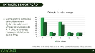 17
EXTRAÇÃO E EXPORTAÇÃO
● Comparativo extração
de nutrientes em
Kg/ha do milho com
uma produtividade de
9,17 t/ha, e do sorgo
com a produtividade
de 9,9 t/ha.
Fontes: Pitta et al. (2001), Fribourg et al. (1976), Coelho et al. (Dados não publicados).
 