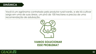 32
DINÂMICA
Você é um agrônomo contratado pelo produtor rural Ivanês, e ele irá cultivar
sorgo em uma de suas áreas, um pivô de 100 hectares e precisa de uma
recomendação de adubação.
VAMOS SOLUCIONAR
ESSE PROBLEMA?
 