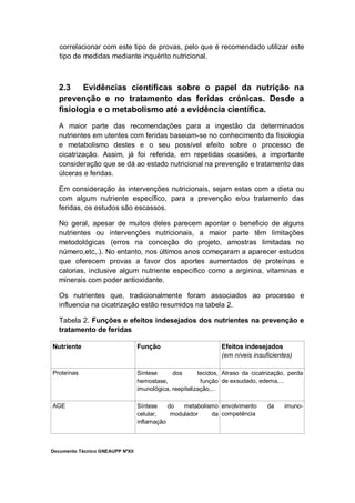 Documento Técnico GNEAUPP NºXII
correlacionar com este tipo de provas, pelo que é recomendado utilizar este
tipo de medidas mediante inquérito nutricional.
2.3 Evidências científicas sobre o papel da nutrição na
prevenção e no tratamento das feridas crónicas. Desde a
fisiologia e o metabolismo até a evidência científica.
A maior parte das recomendações para a ingestão da determinados
nutrientes em utentes com feridas baseiam-se no conhecimento da fisiologia
e metabolismo destes e o seu possível efeito sobre o processo de
cicatrização. Assim, já foi referida, em repetidas ocasiões, a importante
consideração que se dá ao estado nutricional na prevenção e tratamento das
úlceras e feridas.
Em consideração às intervenções nutricionais, sejam estas com a dieta ou
com algum nutriente específico, para a prevenção e/ou tratamento das
feridas, os estudos são escassos.
No geral, apesar de muitos deles parecem apontar o beneficio de alguns
nutrientes ou intervenções nutricionais, a maior parte têm limitações
metodológicas (erros na conceção do projeto, amostras limitadas no
número,etc,.). No entanto, nos últimos anos começaram a aparecer estudos
que oferecem provas a favor dos aportes aumentados de proteínas e
calorias, inclusive algum nutriente específico como a arginina, vitaminas e
minerais com poder antioxidante.
Os nutrientes que, tradicionalmente foram associados ao processo e
influencia na cicatrização estão resumidos na tabela 2.
Tabela 2. Funções e efeitos indesejados dos nutrientes na prevenção e
tratamento de feridas
Nutriente Função Efeitos indesejados
(em níveis insuficientes)
Proteínas Síntese dos tecidos,
hemostase, função
imunológica, reepitelização,...
Atraso da cicatrização, perda
de exsudado, edema,...
AGE Síntese do metabolismo
celular, modulador da
inflamação
envolvimento da imuno-
competência
 