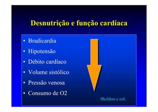 Desnutrição e função cardíaca
  Desnutrição e função cardíaca

• Bradicardia
• Hipotensão
• Débito cardíaco
• Volume sistólico
• Pressão venosa
• Consumo de O2
                      Sheldon e col.
 