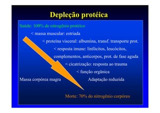 Depleção protéica
               Depleção protéica
Saúde: 100% de nitrogênio protéico
     < massa muscular: estriada
           < proteína visceral: albumina, transf. transporte prot.
                 < resposta imune: linfócitos, leucócitos,
                 complementos, anticorpos, prot. de fase aguda
                        < cicatrização: resposta ao trauma
                              < função orgânica
Massa corpórea magra                 Adaptação reduzida


                        Morte: 70% do nitrogênio corpóreo
 