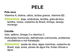 PELE
Pele seca
Vitamina A, biotina, cálcio, ácidos graxos, vitamina B2.
Alimentos: soja, amêndoas, lentilha, grão-de-bico,
lentilha, nozes, castanha do Brasil, linhaça, laranja,
morango.
Celulite
Iodo, selênio, ômega 3 e vitamina C.
Disfunções hormonais, deficiências nutricionais, problemas
circulatórios e má hidratação.
Alimentos: azeite de oliva, algas marinhas, castanha do
Brasil, soja, aveia, peixes de água fria, frutas cítricas e
água.
 