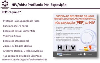 HIV/Aids: Profilaxia Pós-Exposição
PEP: O que é?
- Proteção Pós Exposição de Risco
- Funciona até 72 horas
- Exposição Sexual Consentida
- Violência Sexual
- Exposição Ocupacional
- 2 cps, 1 x/dia, por 28 dias
- Altíssima Eficácia, Urgência Médica
- 451 Locais no Estado de São Paulo:
www3.crt.saude.sp.gov.br/profilaxia/hotsite
 