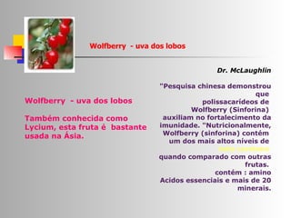 Wolfberry  - uva dos lobos Também conhecida como Lycium, esta fruta é  bastante usada na Ásia. Dr. McLaughlin "Pesquisa chinesa demonstrou que  polissacarídeos de  Wolfberry (Sinforina)  auxiliam no fortalecimento da imunidade. "Nutricionalmente, Wolfberry (sinforina) contém  um dos mais altos níveis de  beta caroteno   quando comparado com outras frutas.  contém : amino Acidos essenciais e mais de 20 minerais. Wolfberry  - uva dos lobos 