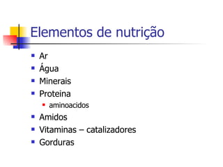 Elementos de nutrição Ar Água Minerais  Proteina aminoacidos Amidos  Vitaminas – catalizadores Gorduras 