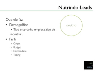 Nutrindo Leads	


Que ele faz:	

•  Demográﬁco	

                                  EXPLÍCITO	


      •  Tipo e tamanho empresa, tipo de 	

      indústria...	

•  Perﬁl	

      •    Cargo	

      •    Budget	

      •    Necessidade	

      •    Timing	

	

	

 