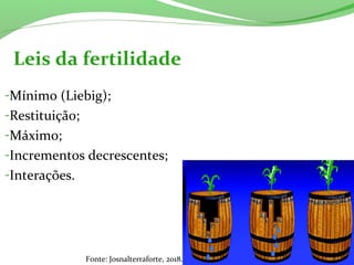 Leis da fertilidade
-Mínimo (Liebig);
-Restituição;
-Máximo;
-Incrementos decrescentes;
-Interações.
Fonte: Josnalterraforte, 2018.
 