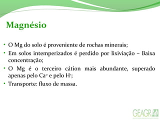 Magnésio
• O Mg do solo é proveniente de rochas minerais;
• Em solos intemperizados é perdido por lixiviação – Baixa
concentração;
• O Mg é o terceiro cátion mais abundante, superado
apenas pelo Ca2+
e pelo H+
;
• Transporte: fluxo de massa.
 