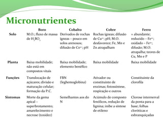 Micronutrientes
  Boro Cobalto Cobre Ferro
Solo M.O.; fluxo de massa 
de H3BO3
Derivados de rochas 
ígneas – pouco em 
solos arenosos; 
difusão de Co2+
; pH
Rochas ígneas; difusão 
de Cu2+
; pH; M.O. 
desfavorece; Fe, Mn e 
Zn atrapalham
+ abundante; 
reduzido – Fe2+
; 
oxidado – Fe3+
; 
difusão; M.O. 
atrapalha; teores de 
Cu, Mn e P
Planta Baixa mobilidade; 
não está em 
compostos vitais
Baixa mobilidade; 
elemento benéfico
Baixa mobilidade Baixa mobilidade
Funções Translocação de 
açúcares; divisão e 
maturação celular; 
formação da P.C.
FBN 
(leghemoglobina)
Ativador ou 
constituinte de 
enzimas; fotossíntese, 
respiração e outros
Constituinte da 
clorofila
Sintomas
 
Morte da gema 
apical – 
superbrotamento; 
amarelecimento e 
necrose (toxidez)
Semelhantes aos do 
N
Acúmulo de composto 
fenólicos, redução de 
lignina; inibe a síntese 
de etileno
Clorose internerval 
da ponta para a 
base; folhas 
cloróticas e 
esbranquiçadas
 