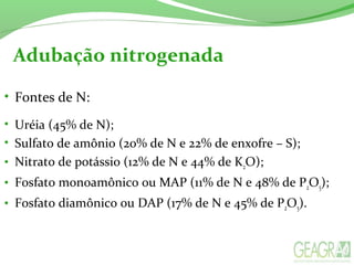 Adubação nitrogenada
• Fontes de N: 
• Uréia (45% de N);
• Sulfato de amônio (20% de N e 22% de enxofre – S);
• Nitrato de potássio (12% de N e 44% de K2O);
• Fosfato monoamônico ou MAP (11% de N e 48% de P2O5);
• Fosfato diamônico ou DAP (17% de N e 45% de P2O5).
 