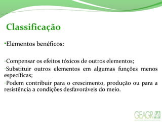 Classificação
•Elementos benéficos:
-Compensar os efeitos tóxicos de outros elementos;
-Substituir outros elementos em algumas funções menos
específicas;
-Podem contribuir para o crescimento, produção ou para a
resistência a condições desfavoráveis do meio.
 
