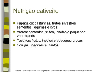 Nutrição   cativeiro Papagaios: castanhas, frutos silvestres, sementes, legumes e ovos Araras: sementes, frutas, insetos e pequenos vertebrados Tucanos: frutas, insetos e pequenas presas Corujas: roedores e insetos 