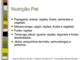 Nutrição   Pet Papagaios, araras: rações, frutos, sementes e vegetais Macaco-prego, sagüi: rações, frutas e vegetais Furão: rações Tartaruga, jabuti, iguana: rações, legumes e frutas desidratados. Jibóia: porquinhos-da-índia, camundongos e pintinhos 