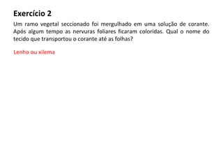 Exercício 2
Um ramo vegetal seccionado foi mergulhado em uma solução de corante.
Após algum tempo as nervuras foliares ficaram coloridas. Qual o nome do
tecido que transportou o corante até as folhas?
Lenho ou xilema
 