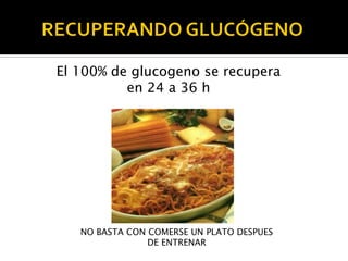 El 100% de glucogeno se recupera
en 24 a 36 h

NO BASTA CON COMERSE UN PLATO DESPUES
DE ENTRENAR

 