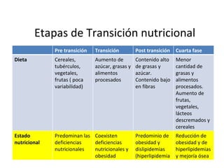 Etapas de Transición nutricional Pre transición Transición Post transición Cuarta fase Dieta Cereales, tubérculos, vegetales, frutas ( poca variabilidad) Aumento de azúcar, grasas y alimentos procesados Contenido alto de grasas y azúcar. Contenido bajo en fibras Menor cantidad de grasas y alimentos procesados. Aumento de frutas, vegetales, lácteos descremados y cereales Estado nutricional Predominan las deficiencias nutricionales Coexisten deficiencias nutricionales y obesidad Predominio de obesidad y dislipidemias (hiperlipidemia Reducción de obesidad y de hiperlipidemias y mejoría ósea 