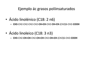 Ejemplo ác grasos poliinsaturados Ácido linolénico (C18: 2 n6) CH3 -CH2-CH2-CH2-CH2- CH=CH -CH2- CH=CH -(CH2)6-CH2- COOH Ácido linoleico (C18: 3 n3) CH3 -CH2- CH=CH -CH2- CH=CH -CH2- CH=CH -(CH2)6-CH2- COOH 