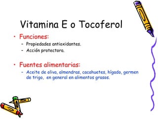 Vitamina E o Tocoferol Funciones: Propiedades antioxidantes. Acción protectora. Fuentes alimentarias: Aceite de oliva, almendras, cacahuetes, hígado, germen de trigo,  en general en alimentos grasos. 