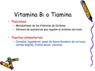 Vitamina B 1  o Tiamina Funciones: Metabolismo de los Hidratos de Carbono. Síntesis de sustancias que regulan el sistema nervioso. Fuentes alimentarias: Cereales, legumbres, yema de huevo,levadura de cerveza, carnes magras, frutos secos, vísceras. 