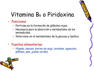 Vitamina B 6  o Piridoxina Funciones: Participa en la formación de glóbulos rojos. Necesaria para la absorción y metabolismo de los aminoácidos. Interviene en el metabolismo de la glucosa y lipídico. Fuentes alimentarias: Hígado, nueces, harina de soja, cereales, aguacate, plátano, pan, judías verdes. 