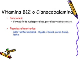 Vitamina B12 o Cianocobalamina Funciones: Formación de nucleoproteínas, proteínas y glóbulos rojos. Fuentes alimentarias: Sólo fuentes animales.- Hígado, riñones, carne, huevo, leche. 