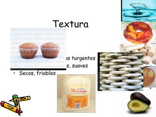Textura Líquidos Geles Fibrosos Agregados de células turgentes Untuosos, lubricados, suaves Secos, friables 