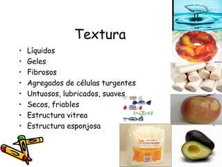 Textura Líquidos Geles Fibrosos Agregados de células turgentes Untuosos, lubricados, suaves Secos, friables Estructura vitrea Estructura esponjosa 