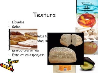 Textura Líquidos Geles Fibrosos Agregados de células turgentes Untuosos, lubricados, suaves Secos, friables Estructura vitrea Estructura esponjosa 