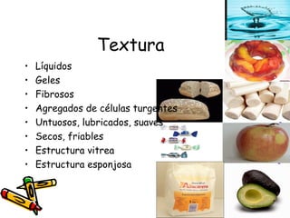 Textura Líquidos Geles Fibrosos Agregados de células turgentes Untuosos, lubricados, suaves Secos, friables Estructura vitrea Estructura esponjosa 