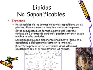 Lípidos No Saponificables  Terpenos Responsables de los aromas y sabores específicos de las plantas. Algunos insectos tambien producen terpenos.  Estos compuestos, se forman a partir del isopreno (unidad de 5 átomos de carbono); pueden contener desde una hasta ocho unidades.  Las unidades pueden disponerse linealmente (como en el escualeno) o cíclicamente (como en la limonina).   -caroteno,precursor de la vitamina A;las vitaminas liposolubles D y K; el hule natural; las resinas. 