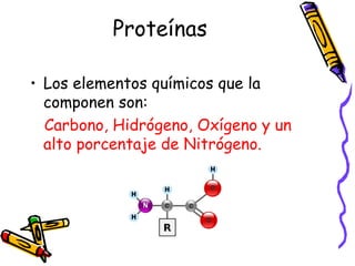 Proteínas Los elementos químicos que la componen son: Carbono, Hidrógeno, Oxígeno y un alto porcentaje de Nitrógeno. 