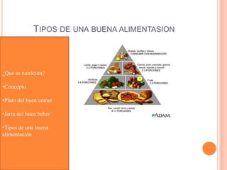 TIPOS DE UNA BUENA ALIMENTASION



¿Qué es nutrición?

•Concepto

•Plato del buen comer

•Jarra del buen beber

•Tipos de una buena
alimentación
 