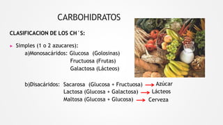 CARBOHIDRATOS
CLASIFICACION DE LOS CH´S:
▶ Simples (1 o 2 azucares):
a)Monosacáridos: Glucosa (Golosinas)
Fructuosa (Frutas)
Galactosa (Lácteos)
b)Disacáridos: Sacarosa (Glucosa + Fructuosa)
Lactosa (Glucosa + Galactosa)
Maltosa (Glucosa + Glucosa)
Azúcar
Lácteos
Cerveza
 