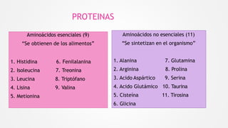 PROTEINAS
Aminoácidos esenciales (9)
“Se obtienen de los alimentos”
6. Fenilalanina
7. Treonina
8. Triptófano
9. Valina
1. Histidina
2. Isoleucina
3. Leucina
4. Lisina
5. Metionina
Aminoácidos no esenciales (11)
“Se sintetizan en el organismo”
1. Alanina 7. Glutamina
2. Arginina 8. Prolina
3. Acido Aspártico 9. Serina
4. Acido Glutámico 10. Taurina
5. Cisteína 11. Tirosina
6. Glicina
 