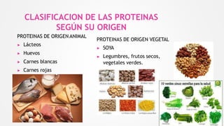 CLASIFICACION DE LAS PROTEINAS
SEGÚN SU ORIGEN
PROTEINAS DE ORIGEN ANIMAL
▶ Lácteos
▶ Huevos
▶ Carnes blancas
▶ Carnes rojas
PROTEINAS DE ORIGEN VEGETAL
▶ SOYA
▶ Legumbres, frutos secos,
vegetales verdes.
 