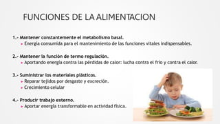 FUNCIONES DE LA ALIMENTACION
1.- Mantener constantemente el metabolismo basal.
▶ Energía consumida para el mantenimiento de las funciones vitales indispensables.
2.- Mantener la función de termo regulación.
▶ Aportando energía contra las pérdidas de calor: lucha contra el frío y contra el calor.
3.- Suministrar los materiales plásticos.
▶ Reparar tejidos por desgaste y excreción.
▶ Crecimiento celular
4.- Producir trabajo externo.
▶ Aportar energía transformable en actividad física.
 
