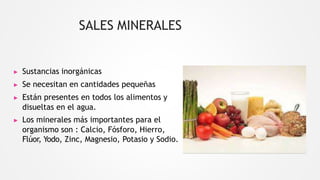 ▶ Sustancias inorgánicas
▶ Se necesitan en cantidades pequeñas
▶ Están presentes en todos los alimentos y
disueltas en el agua.
▶ Los minerales más importantes para el
organismo son : Calcio, Fósforo, Hierro,
Flúor, Yodo, Zinc, Magnesio, Potasio y Sodio.
SALES MINERALES
 
